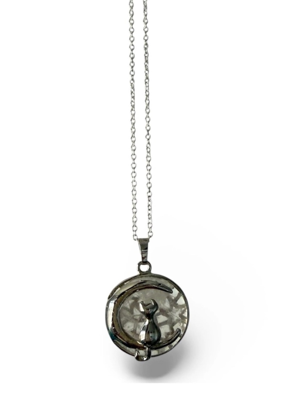 New Rose Moonstone Crystal Reiki Cat Half Moon Pendant Necklace